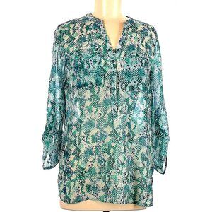 APT. 9 Womens Blouse SZ M 3/4‎ Sleeve V-neck Snake Animal Sheer Ruched Office
